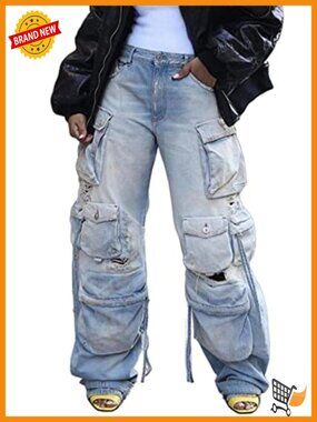 Cargo Jeans High Waisted Wide Leg Baggy Denim Pants Y2k Streetwear